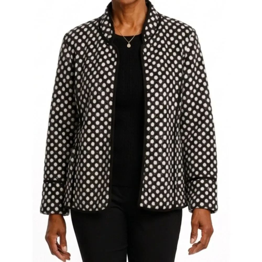 Chico's Black & White Dot Fleece Mandarin Collar Jacket Size M